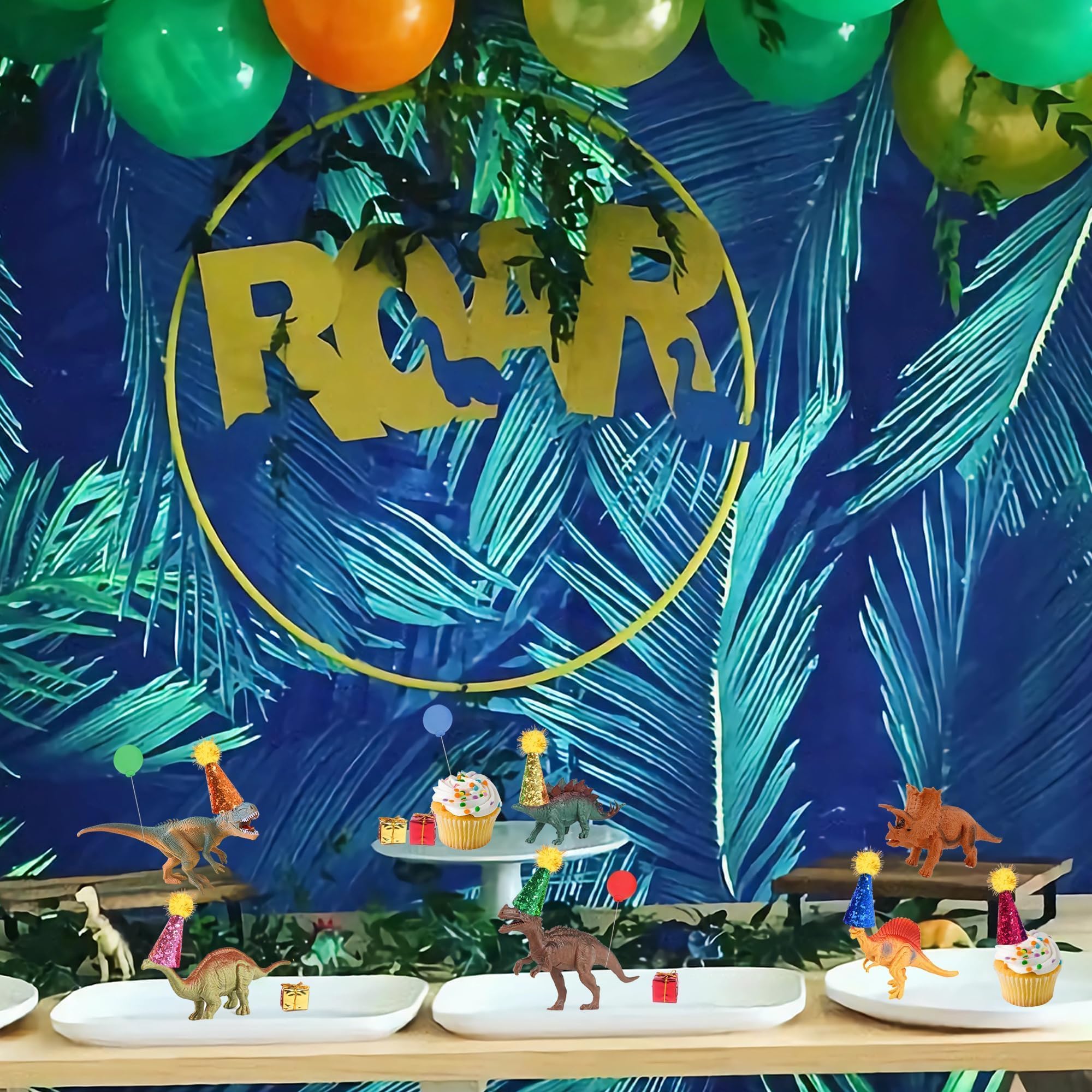 LEFUBABY Dinosaur Cake Toppers Set - 19 Pcs with Mini Hats, Balls & Present Boxes for Dinosaur Theme Parties