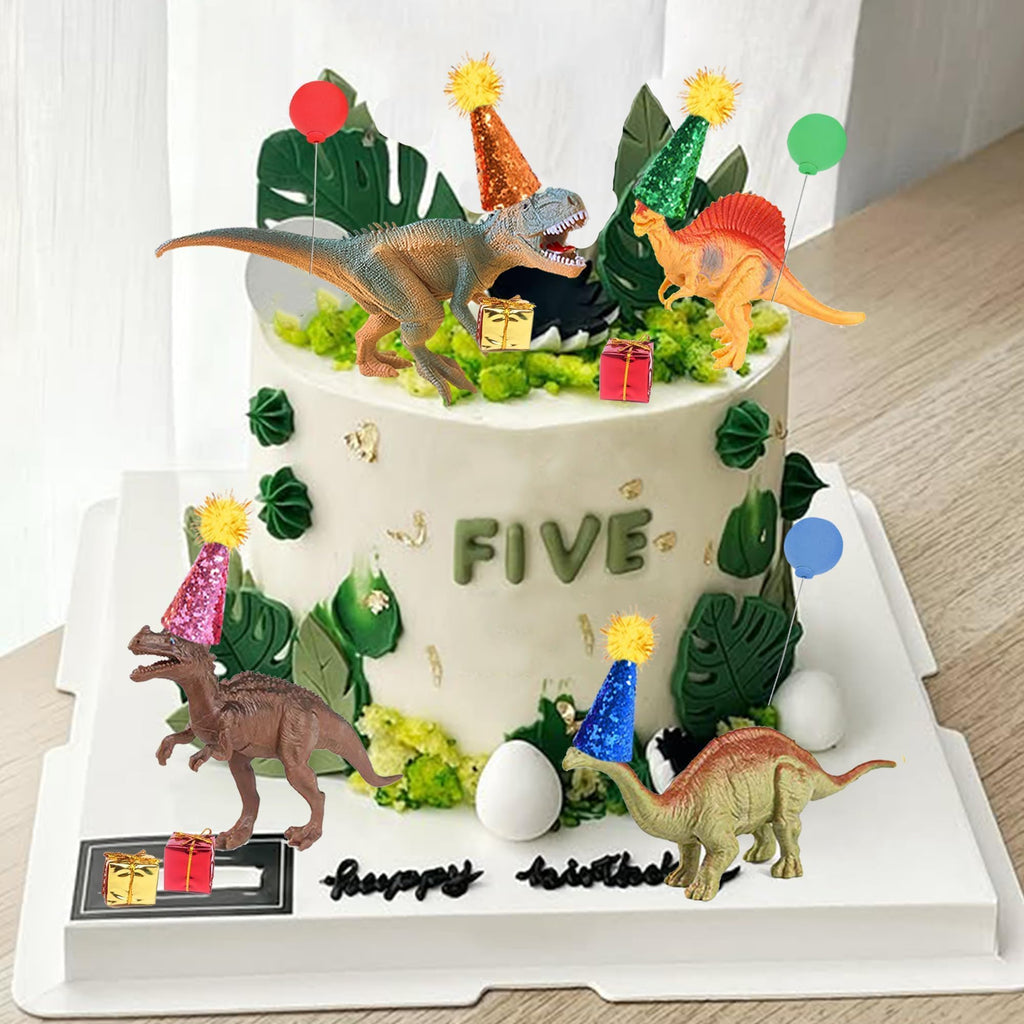 LEFUBABY Dinosaur Cake Toppers Set - 19 Pcs with Mini Hats, Balls & Present Boxes for Dinosaur Theme Parties