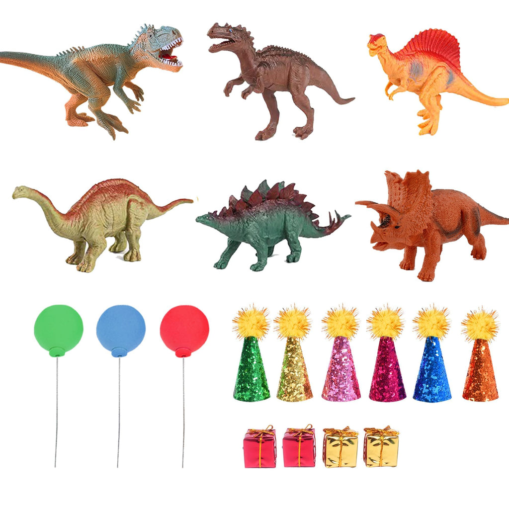 LEFUBABY Dinosaur Cake Toppers Set - 19 Pcs with Mini Hats, Balls & Present Boxes for Dinosaur Theme Parties