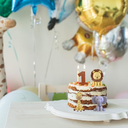 LEFUBABY Safari Animal Cake Toppers – Clay Lion, Giraffe, Elephant & Number 1 for Jungle Birthday Party