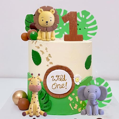 LEFUBABY Safari Animal Cake Toppers – Clay Lion, Giraffe, Elephant & Number 1 for Jungle Birthday Party