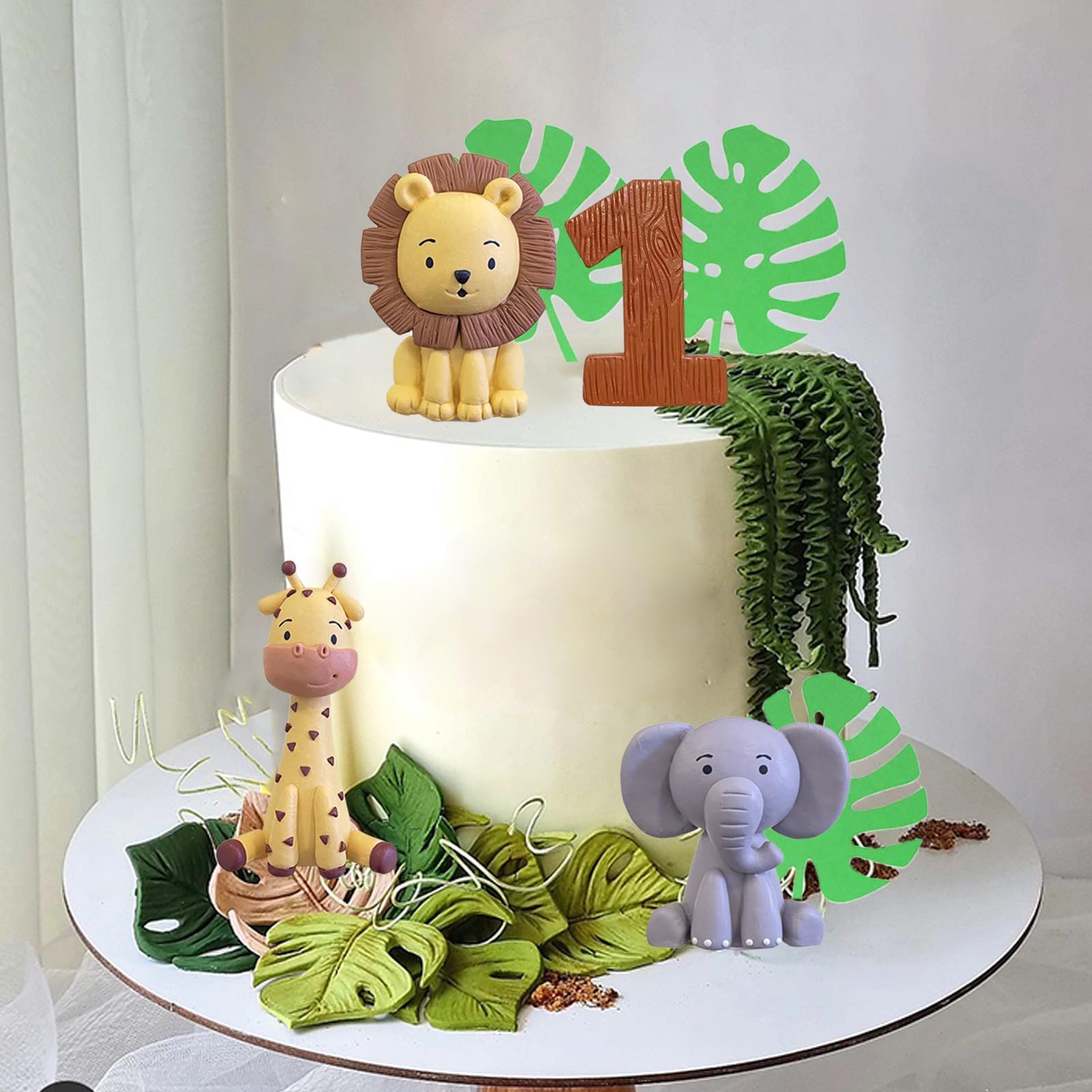 LEFUBABY Safari Animal Cake Toppers – Clay Lion, Giraffe, Elephant & Number 1 for Jungle Birthday Party