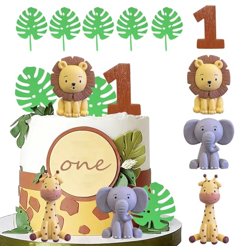 LEFUBABY Safari Animal Cake Toppers – Clay Lion, Giraffe, Elephant & Number 1 for Jungle Birthday Party