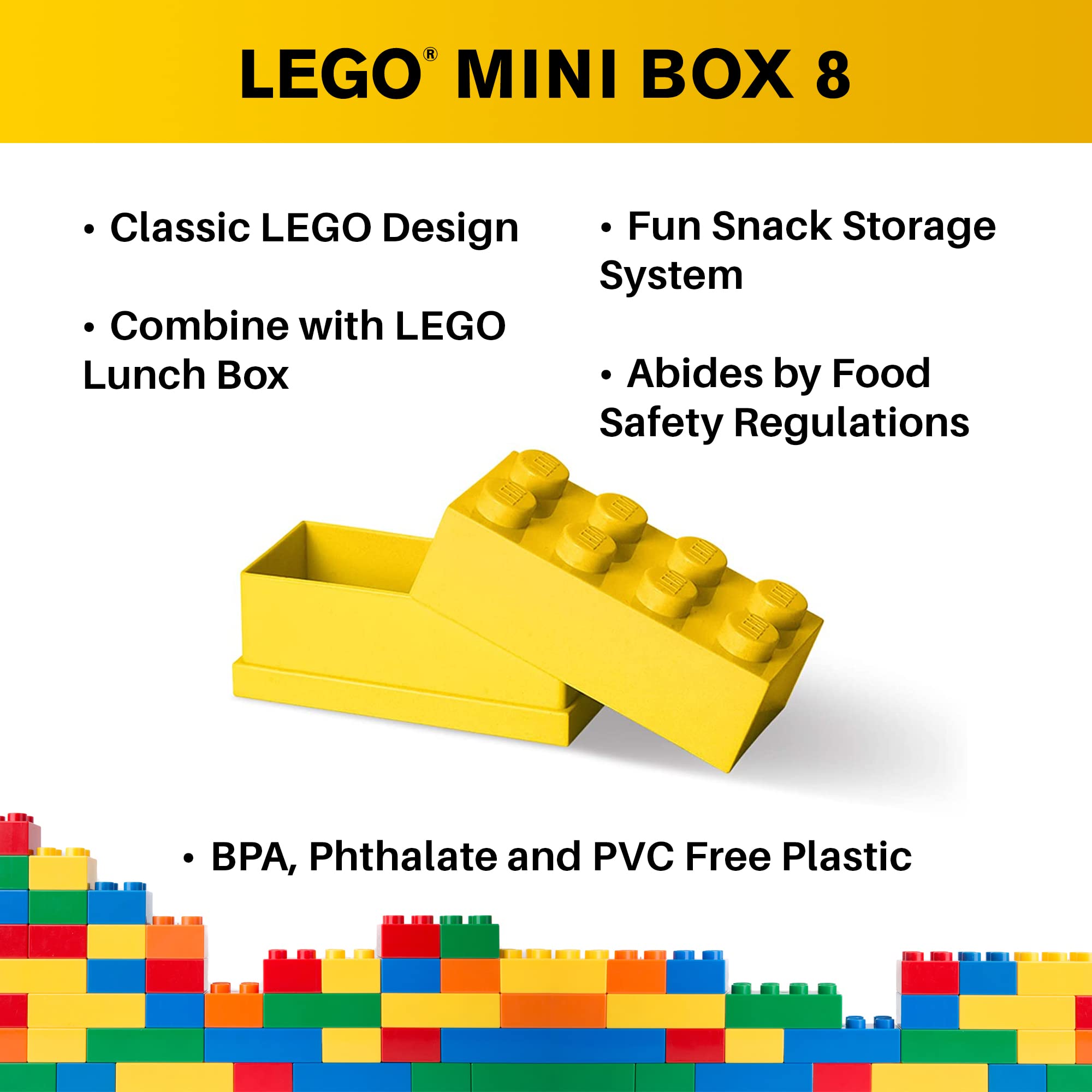 LEGO Mini Snack Box Brick 8 - Bright Yellow - 1.8 x 3.6 x 1.7 in - Food Safe Storage