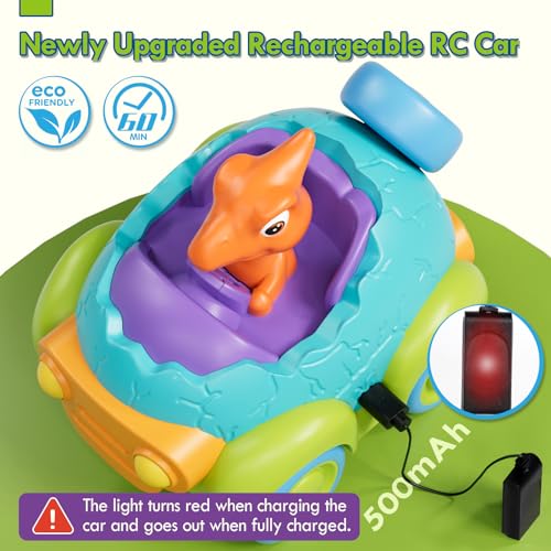 Lehoo Castle Dinosaur Remote Control Car for Toddlers Ages 2-4 - Rechargeable RC Toy with Lights & Music, 2-Button Controls, ABS Plastic