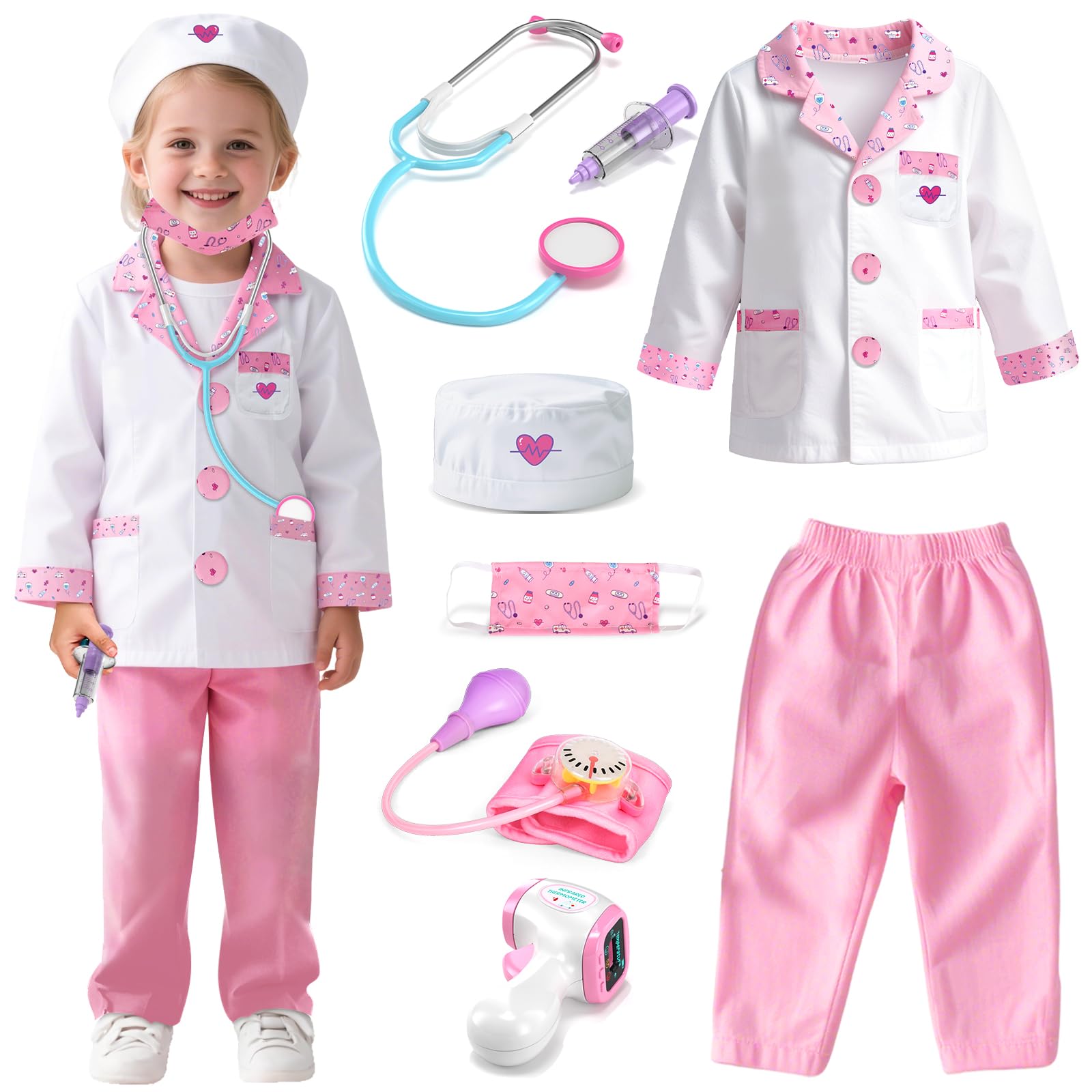 Lehoo Castle Doctor Costume for Kids – 8-Piece Pretend Play Set with Stethoscope (Ages 4-6)