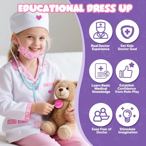 Lehoo Castle Doctor Costume for Kids – 8-Piece Pretend Play Set with Stethoscope (Ages 4-6)