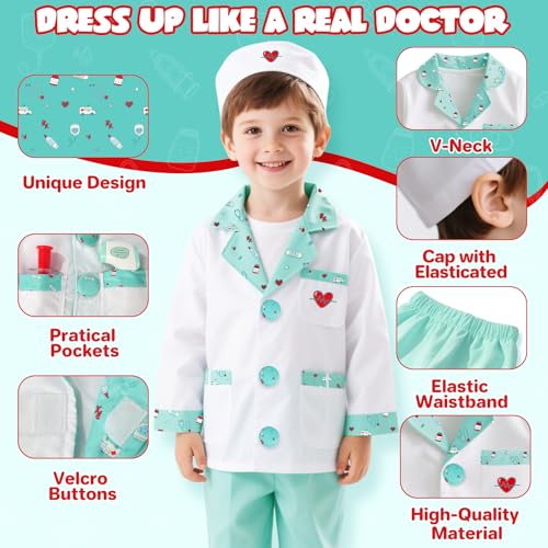 Lehoo Castle Kids Doctor Costume – 8-Piece Dress-Up Set with Working Stethoscope for Ages 4-6