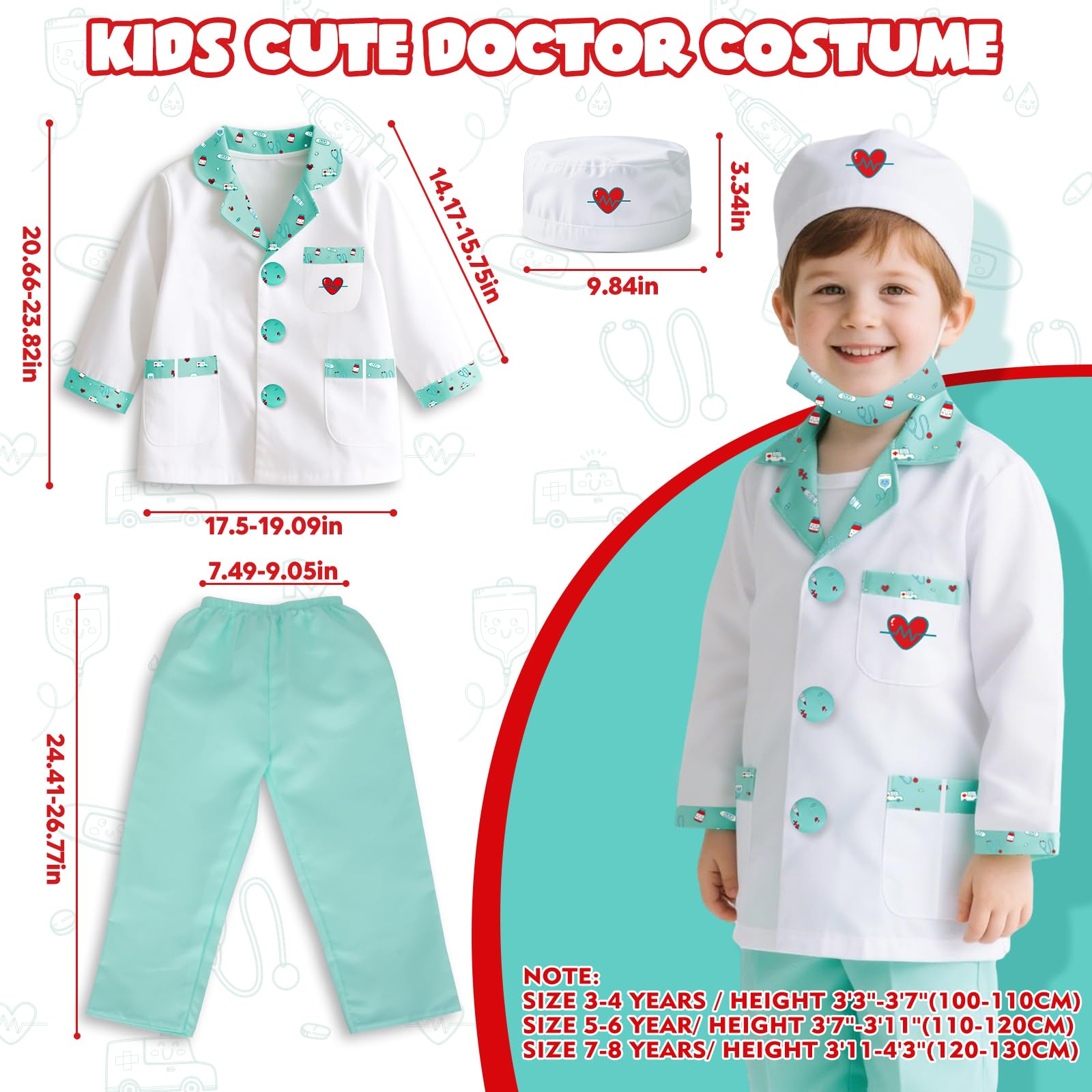 Lehoo Castle Kids Doctor Costume – 8-Piece Dress-Up Set with Working Stethoscope for Ages 4-6