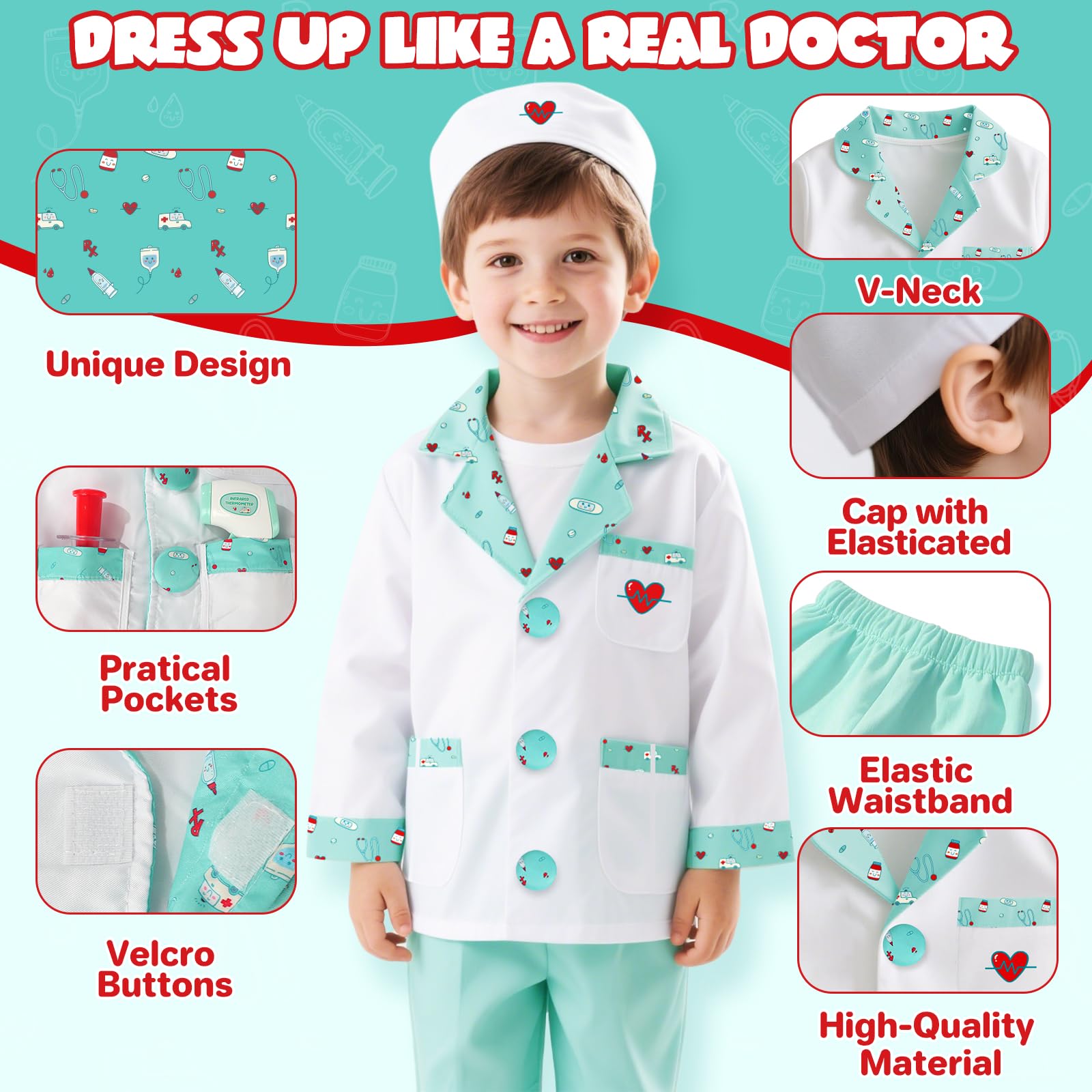 Lehoo Castle Kids Doctor Costume – 8-Piece Dress-Up Set with Working Stethoscope for Ages 4-6
