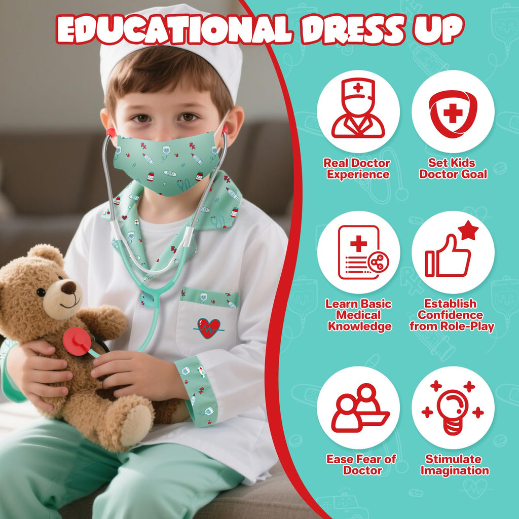 Lehoo Castle Kids Doctor Costume – 8-Piece Dress-Up Set with Working Stethoscope for Ages 4-6