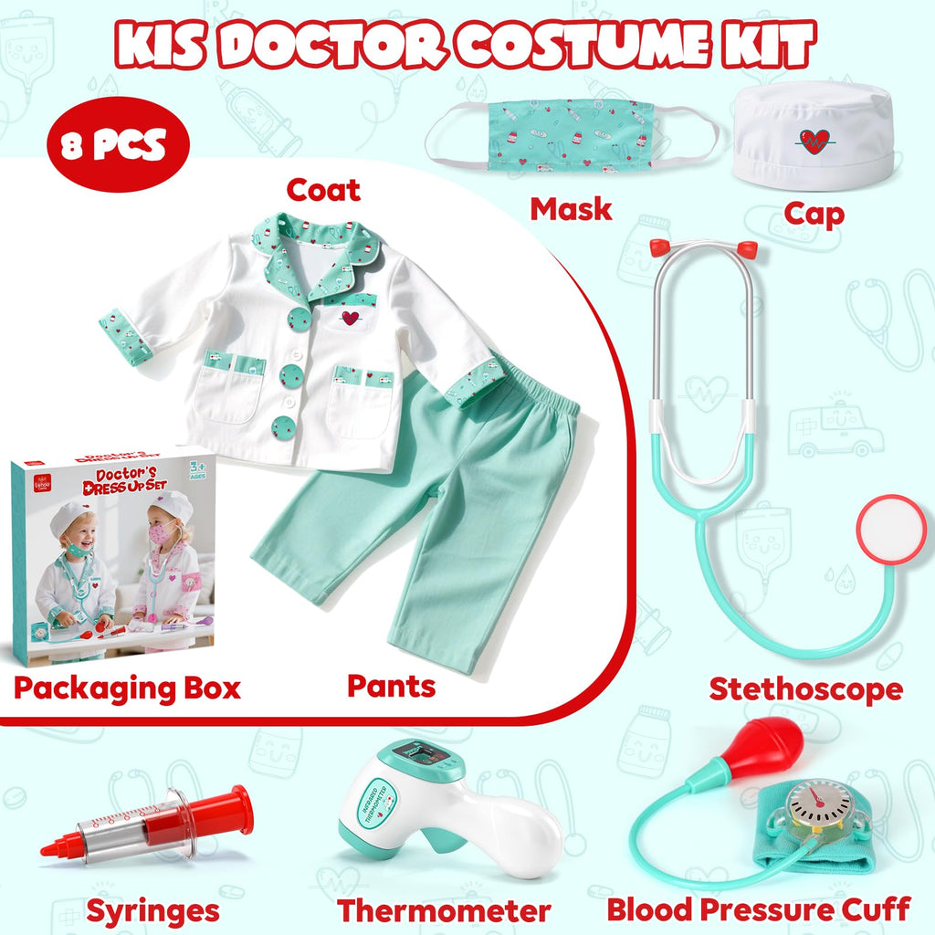 Lehoo Castle Kids Doctor Costume – 8-Piece Dress-Up Set with Working Stethoscope for Ages 4-6