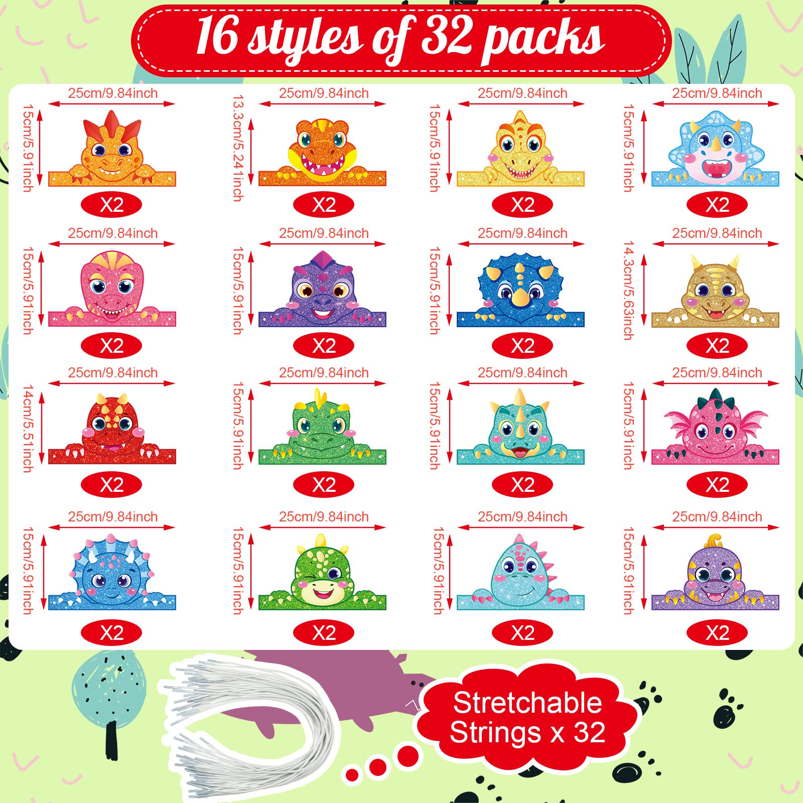 Leinuosen 32-Pack Dinosaur Party Hats – 16 Styles DIY Paper Crowns for Kids Birthday