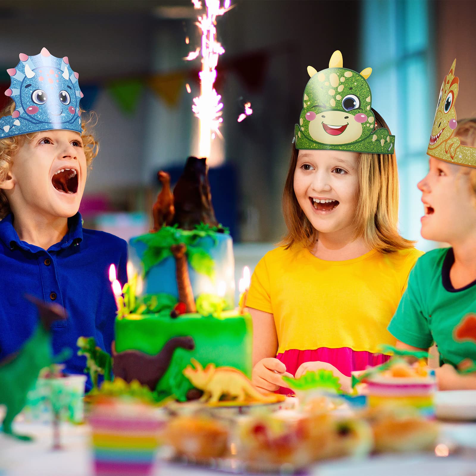 Leinuosen 32-Pack Dinosaur Party Hats – 16 Styles DIY Paper Crowns for Kids Birthday