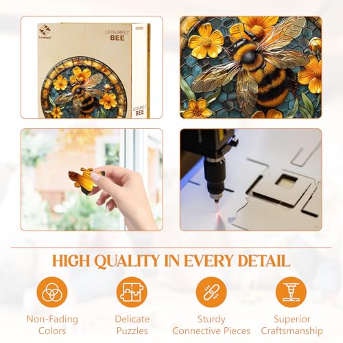 Leisurely Bee Wooden Puzzle for Adults – 100 Irregular Shaped Pieces, 8.5x8.5 Inch Jigsaw