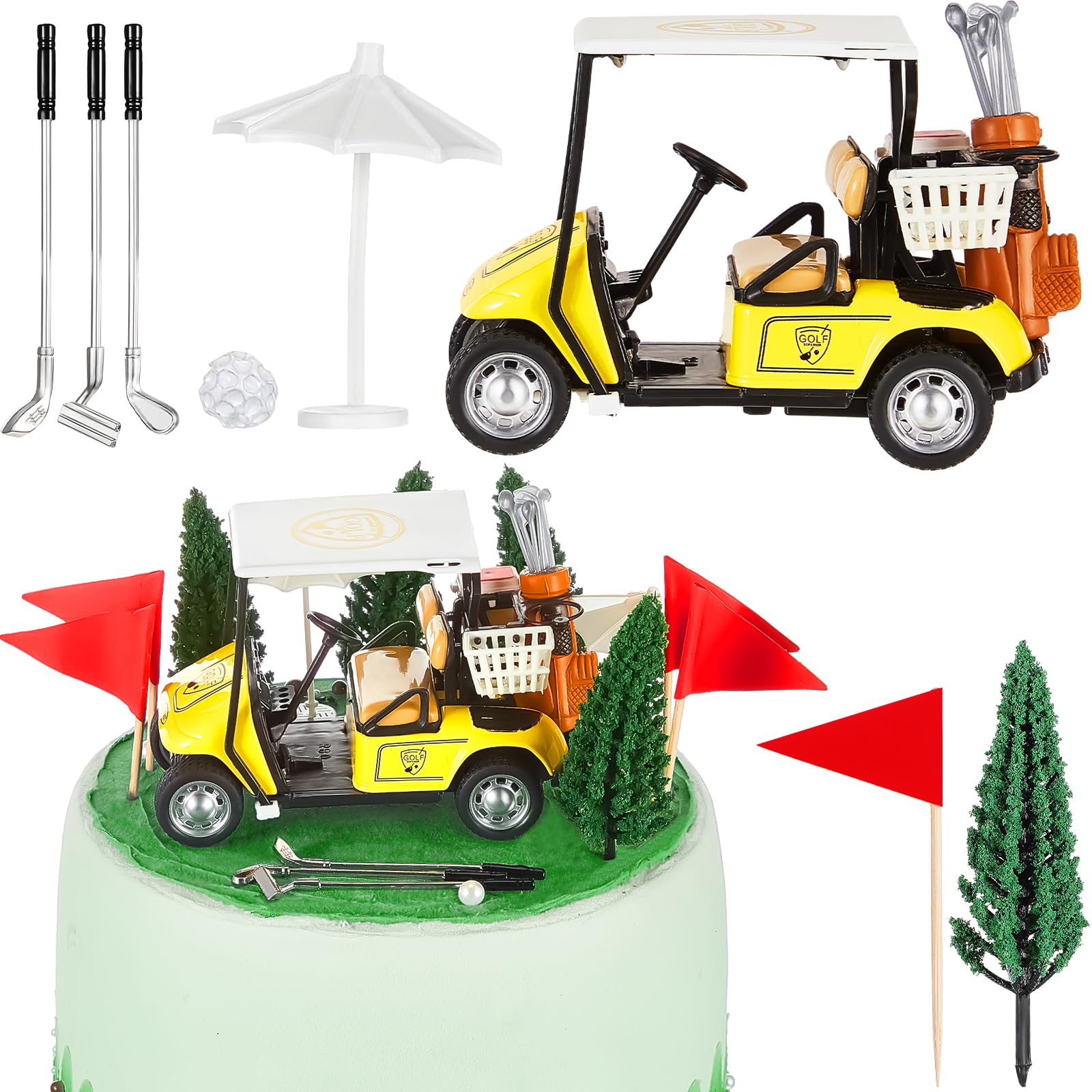 Leitee 21 Pcs Golf Cake Topper Set - Mini Cart, Clubs, Balls, Trees, Umbrellas, Flags