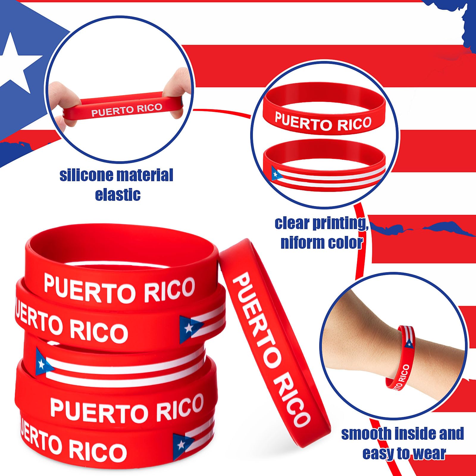 Leitee 60 Pack Puerto Rico Silicone Wristbands - Bulk Party Favors, Flag Souvenirs, Patriotic Bracelets
