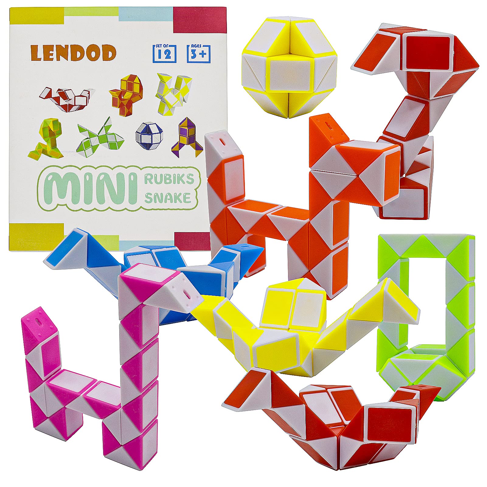 LENDOD 12-Pack Mini Fidget Snake Cubes – 24-Block Twist Puzzle Toys for Kids, Party Bag Fillers, 6 Color Combos
