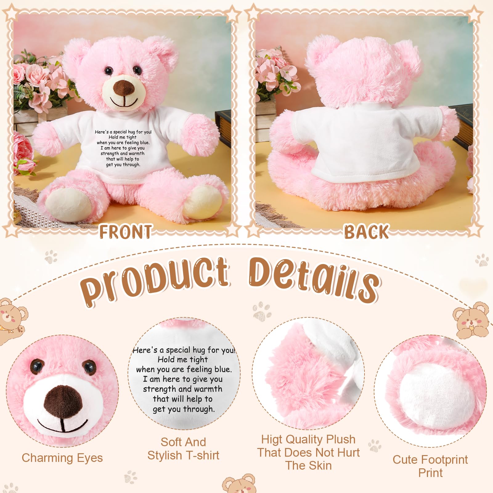 Lenwen Pink Get Well Soon Bear with Comforting Shirt Plush for Sympathy Gift 35 cm