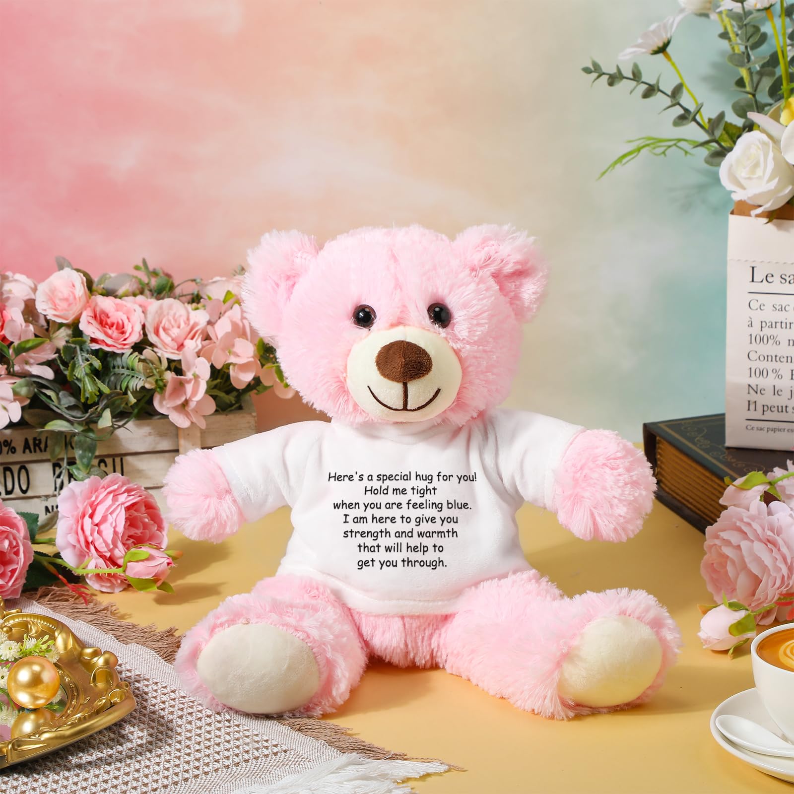 Lenwen Pink Get Well Soon Bear with Comforting Shirt Plush for Sympathy Gift 35 cm