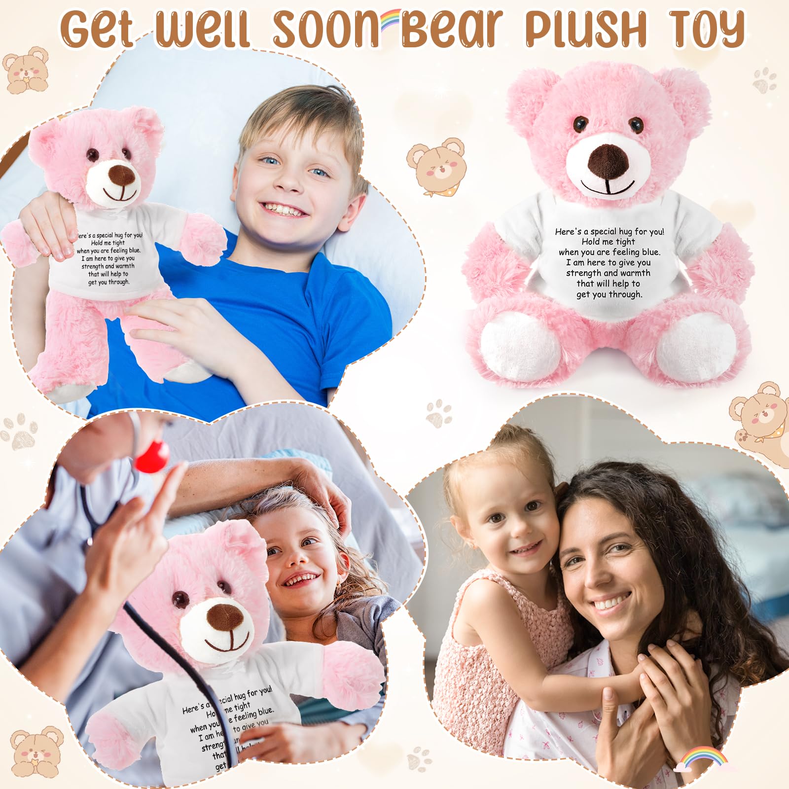 Lenwen Pink Get Well Soon Bear with Comforting Shirt Plush for Sympathy Gift 35 cm