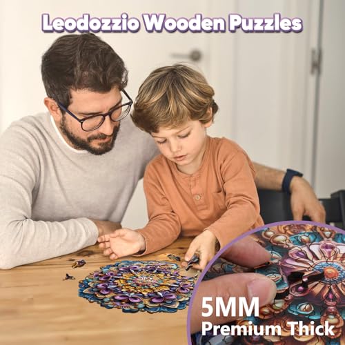 Leodozzio Mandala Purple Flower Wooden Puzzle – 200 Piece Shaped Jigsaw for Adults and Families