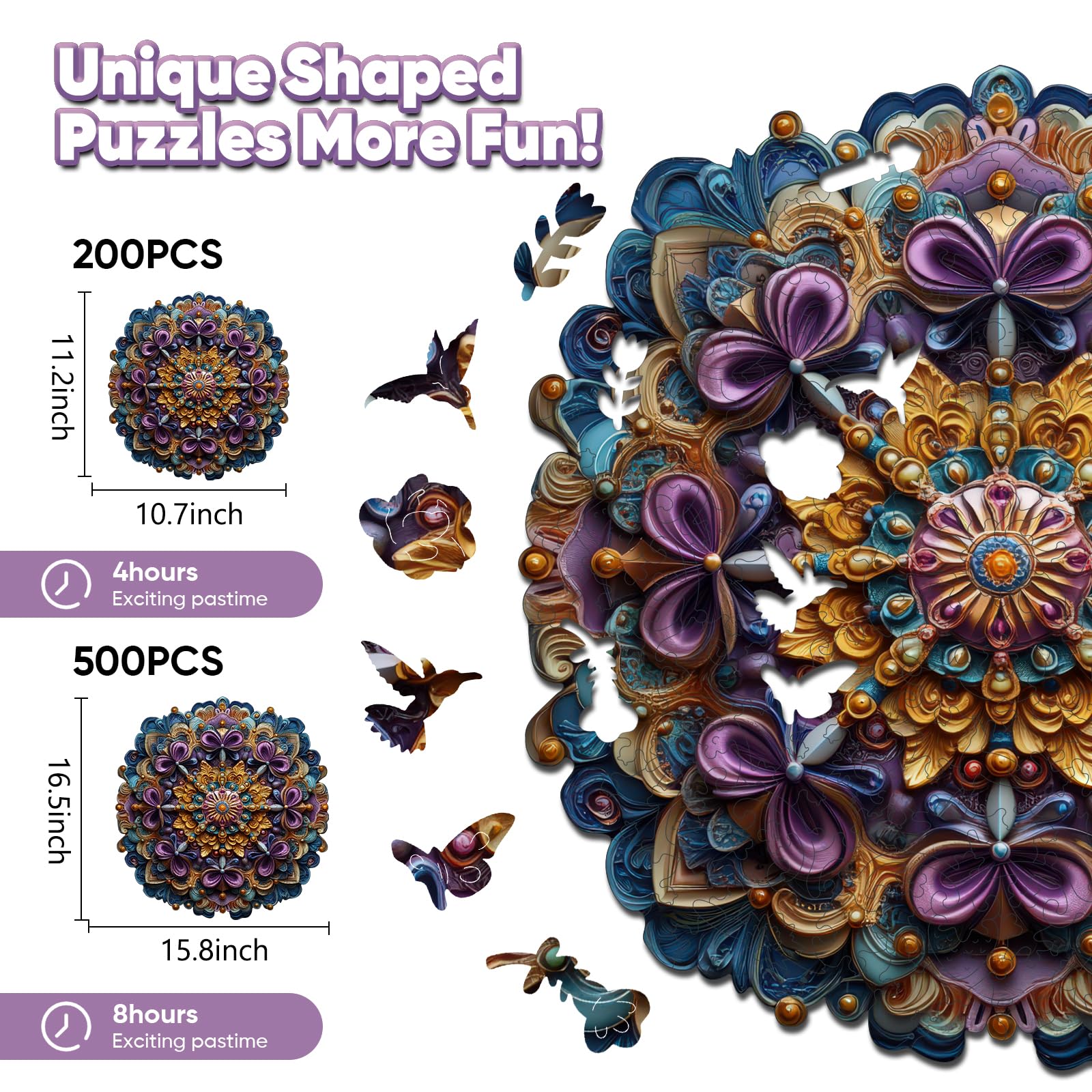 Leodozzio Mandala Purple Flower Wooden Puzzle – 200 Piece Shaped Jigsaw for Adults and Families