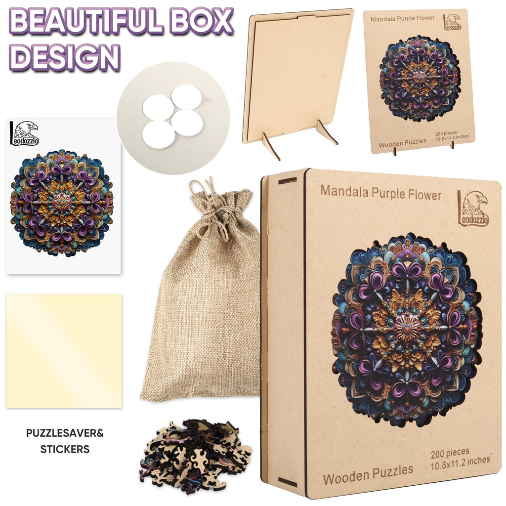 Leodozzio Mandala Purple Flower Wooden Puzzle – 200 Piece Shaped Jigsaw for Adults and Families