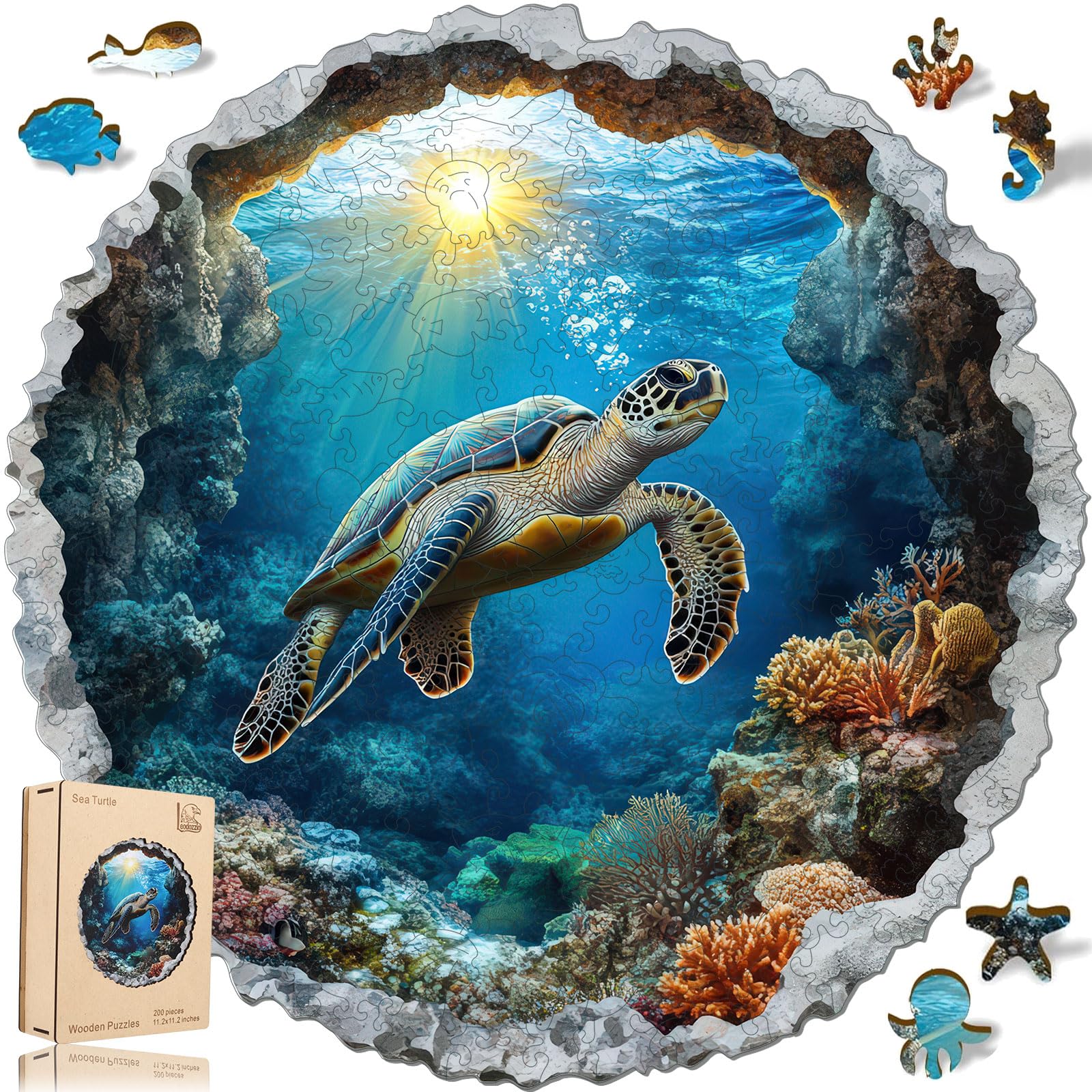 Leodozzio Wooden Sea Turtle Puzzle – 200 Pieces, 5mm Thick, Unique Rock-Edge Shapes