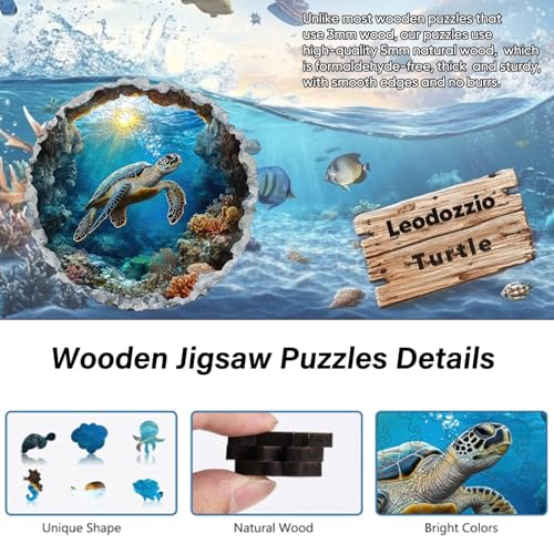 Leodozzio Wooden Sea Turtle Puzzle – 200 Pieces, 5mm Thick, Unique Rock-Edge Shapes