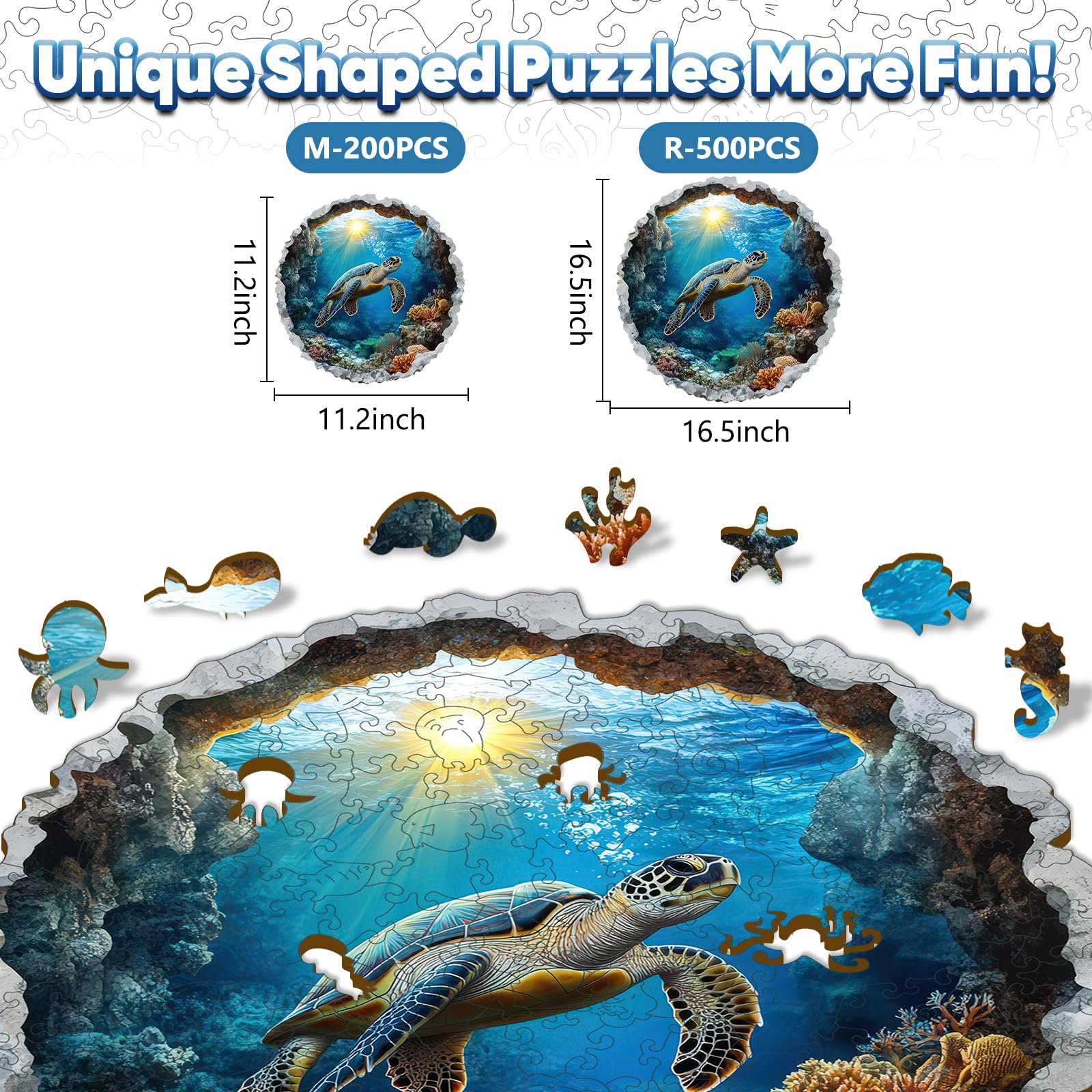 Leodozzio Wooden Sea Turtle Puzzle – 200 Pieces, 5mm Thick, Unique Rock-Edge Shapes