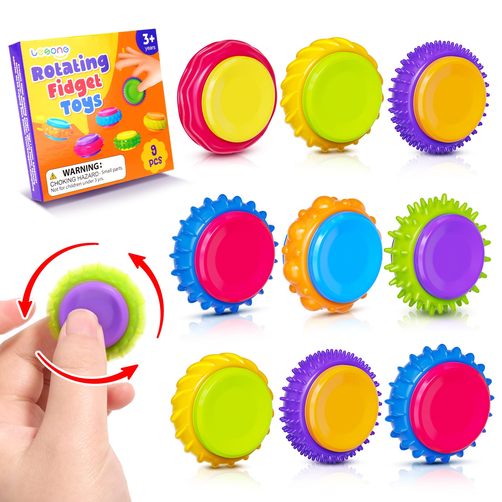 LESONG 9-Pack Fidget Sensory Toys – Quiet Textured Finger Spinners for Stress Relief & Focus