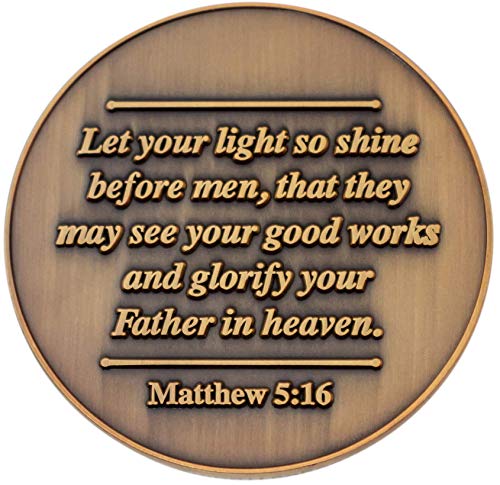Let Your Light Shine Christian Challenge Coin - Antique Gold Plated Pocket Token with Matthew 5:16 - Encouragement Gift