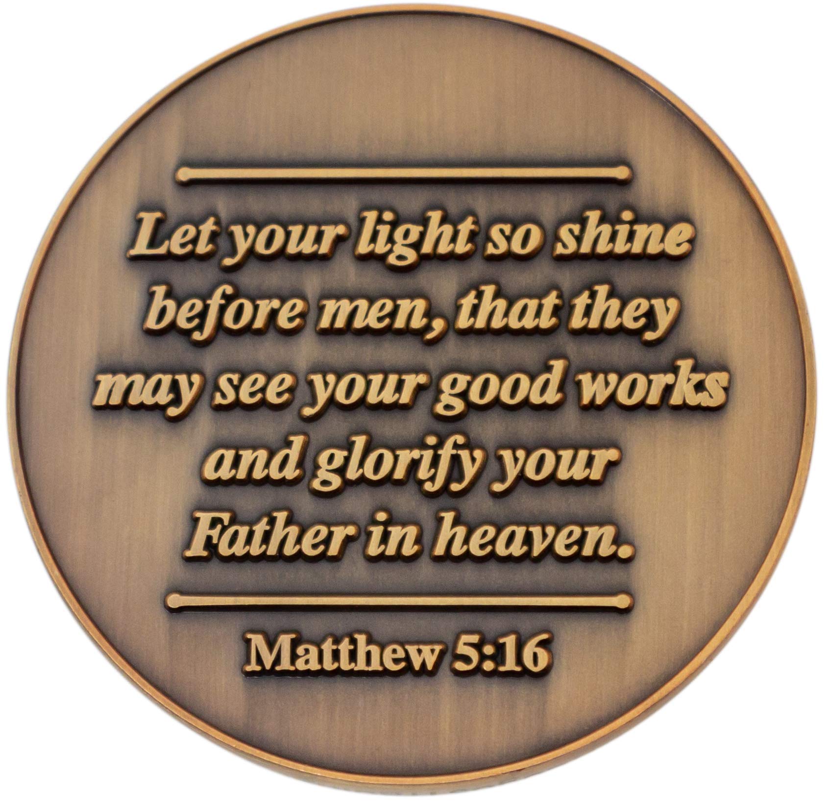 Let Your Light Shine Christian Challenge Coin - Antique Gold Plated Pocket Token with Matthew 5:16 - Encouragement Gift