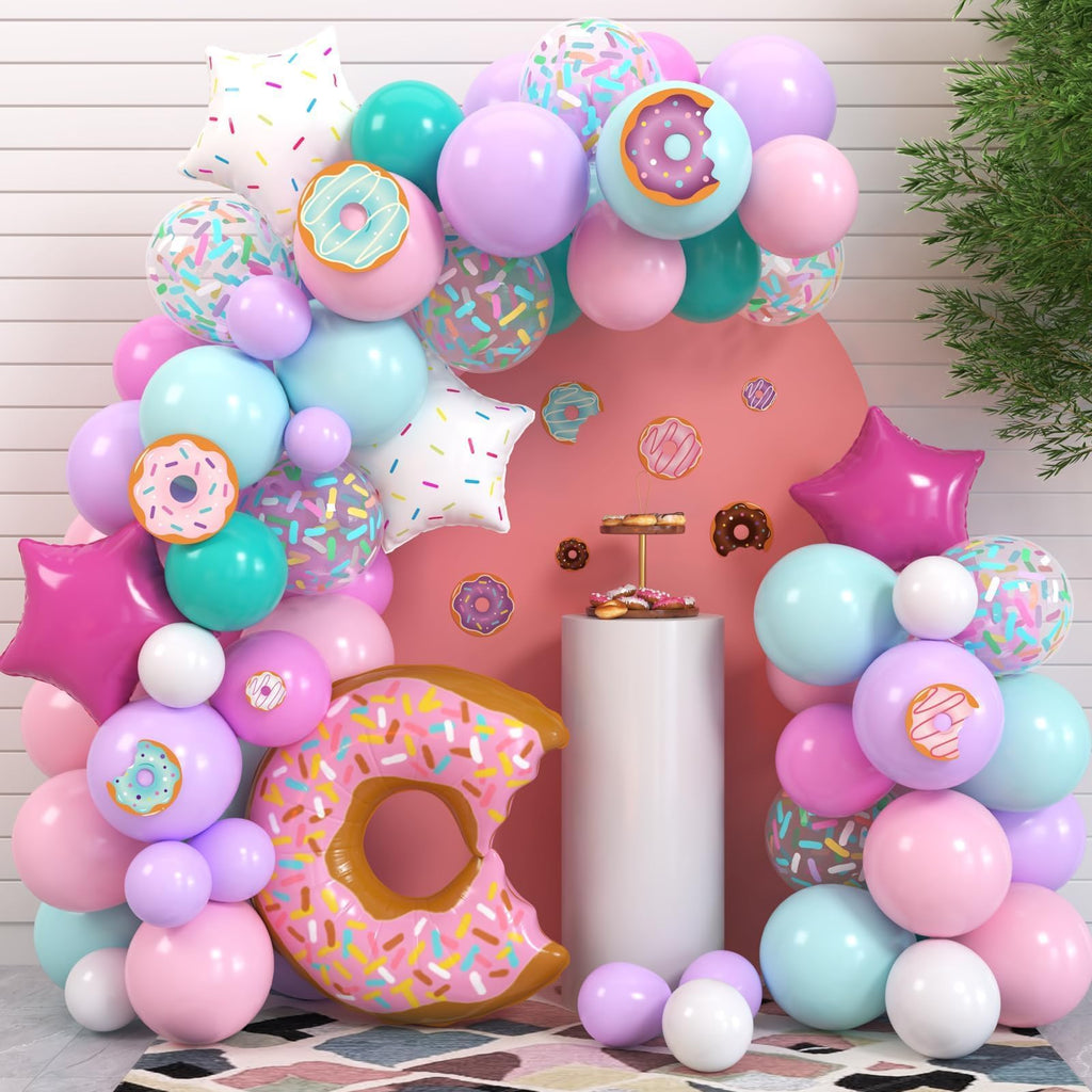 Levfla 100-Piece Donut Balloon Garland Kit – Pastel Party Decoration with Confetti, Cutouts, and Star Balloons