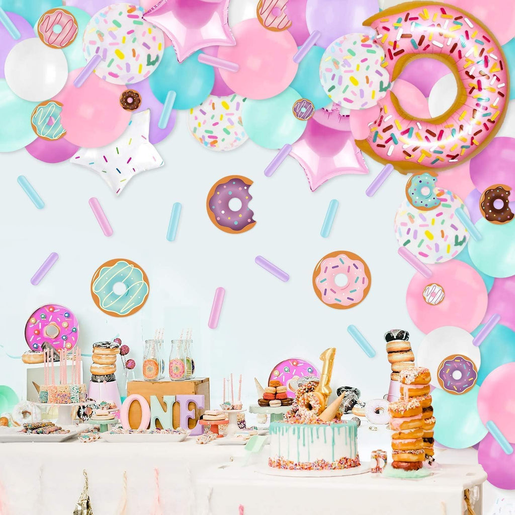 Levfla 100-Piece Donut Balloon Garland Kit – Pastel Party Decoration with Confetti, Cutouts, and Star Balloons
