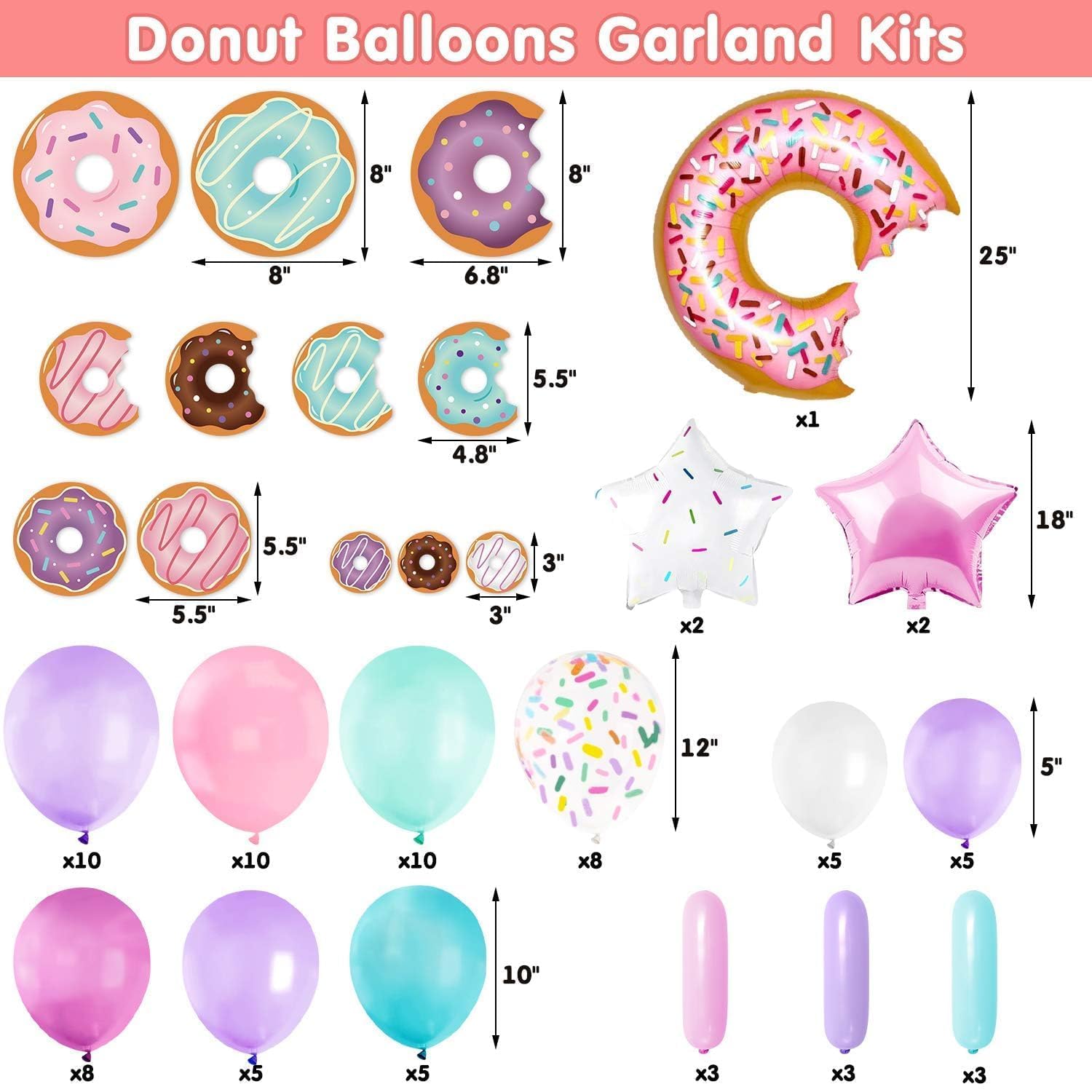 Levfla 100-Piece Donut Balloon Garland Kit – Pastel Party Decoration with Confetti, Cutouts, and Star Balloons