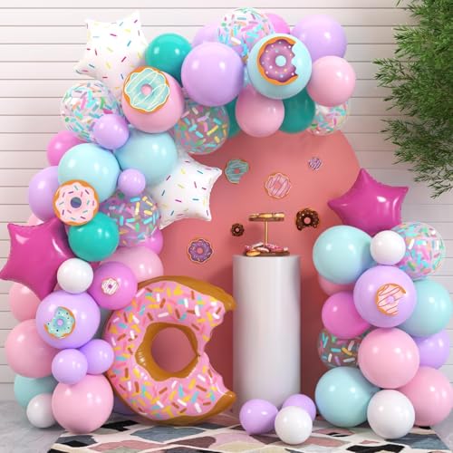 Levfla 100-Piece Donut Balloon Garland Kit – Pastel Party Decoration with Confetti, Cutouts, and Star Balloons