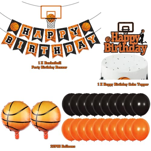 Levfla Basketball Birthday Party Decoration Set – 22 Latex Balloons, Giant Foil Balloons, Banner & Cake Topper