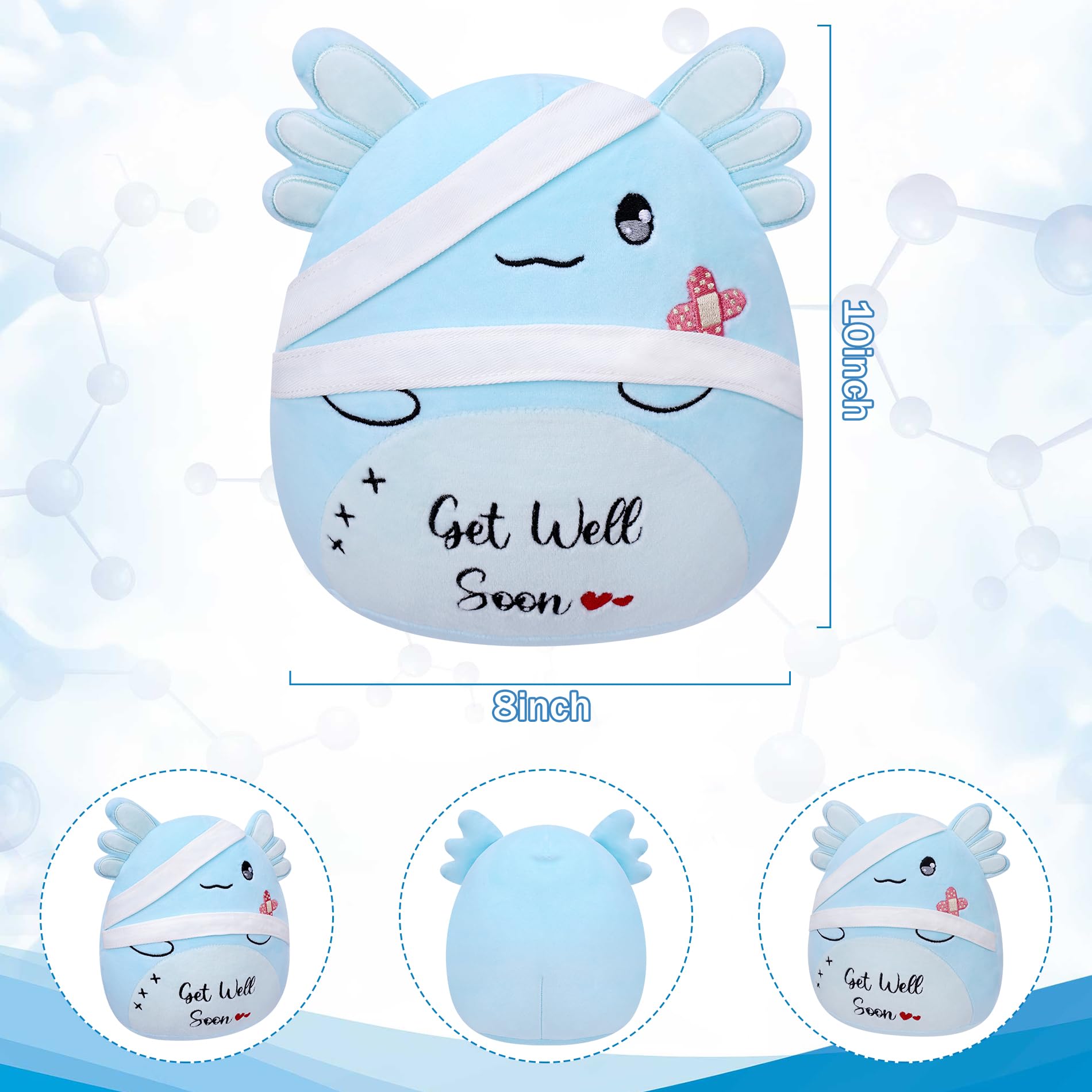 LeYoHa Get Well Soon Plush Axolotl - 10 Inch Soft Stuffed Animal with Bandage and Embroidery, Includes Gift Bag and Greeting Card