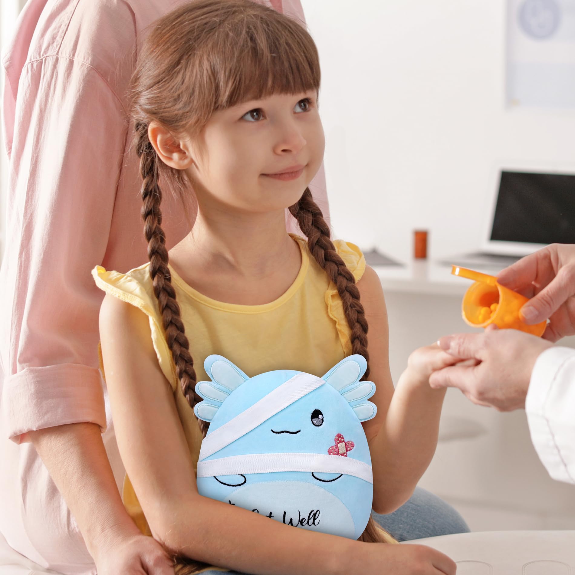 LeYoHa Get Well Soon Plush Axolotl - 10 Inch Soft Stuffed Animal with Bandage and Embroidery, Includes Gift Bag and Greeting Card