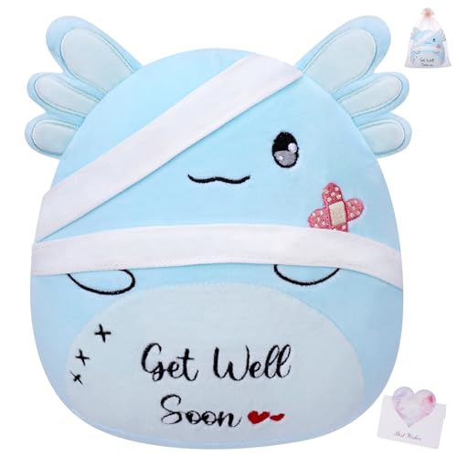 LeYoHa Get Well Soon Plush Axolotl - 10 Inch Soft Stuffed Animal with Bandage and Embroidery, Includes Gift Bag and Greeting Card