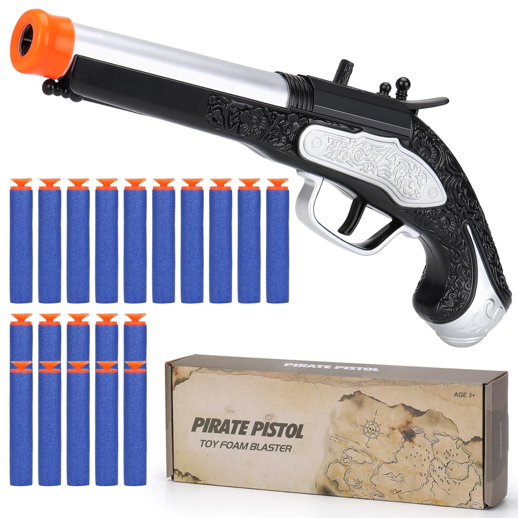 LEZKIDOL Pirate Foam Blaster Pistol - 20 Darts, 6m Range, Silver - Kids Costume Accessory