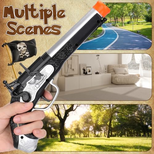 LEZKIDOL Pirate Foam Blaster Pistol - 20 Darts, 6m Range, Silver - Kids Costume Accessory