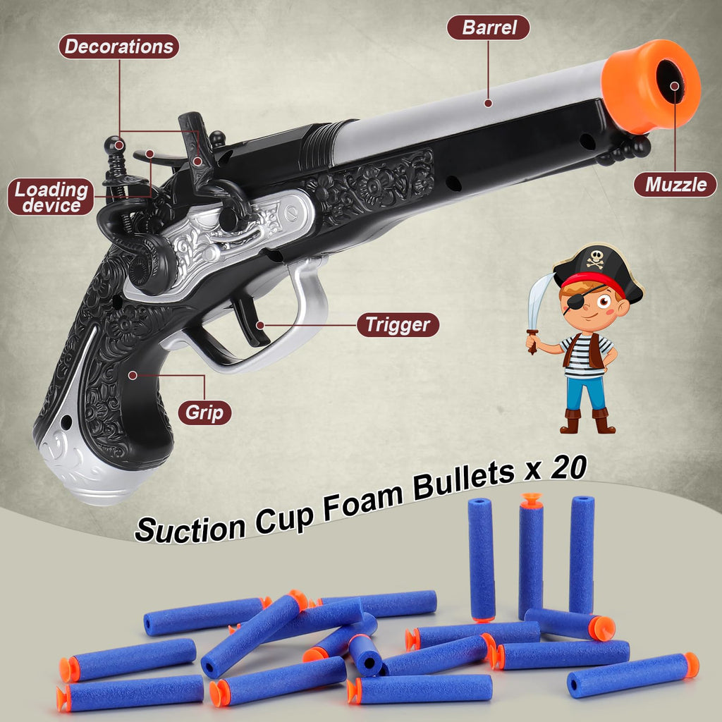 LEZKIDOL Pirate Foam Blaster Pistol - 20 Darts, 6m Range, Silver - Kids Costume Accessory