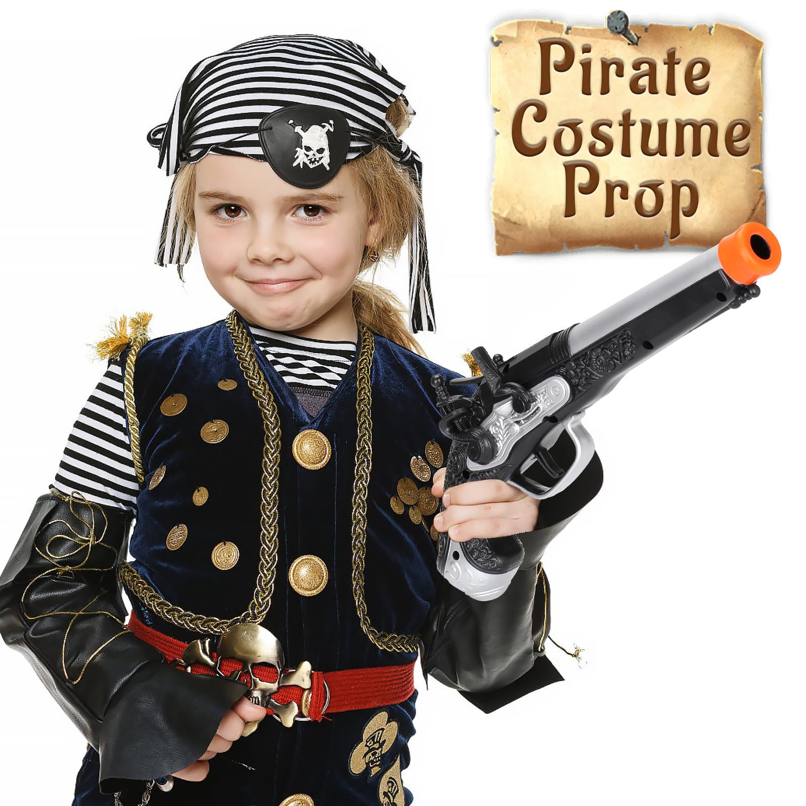 LEZKIDOL Pirate Foam Blaster Pistol - 20 Darts, 6m Range, Silver - Kids Costume Accessory