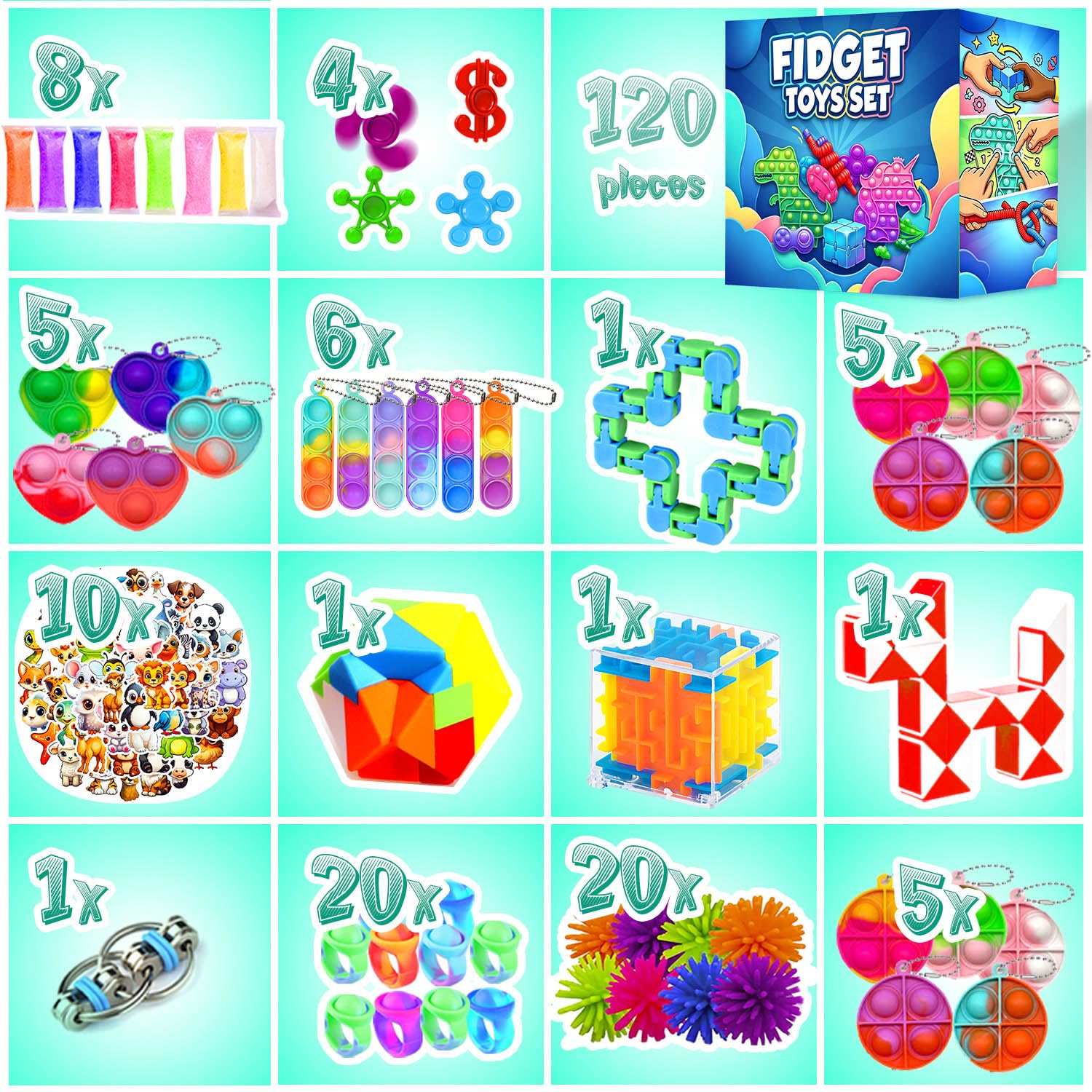 LIAM&AVA 120-Piece Fidget Toy Pack – Sensory Toys for Kids, Party Favors, Classroom Prizes, Stocking Stuffers