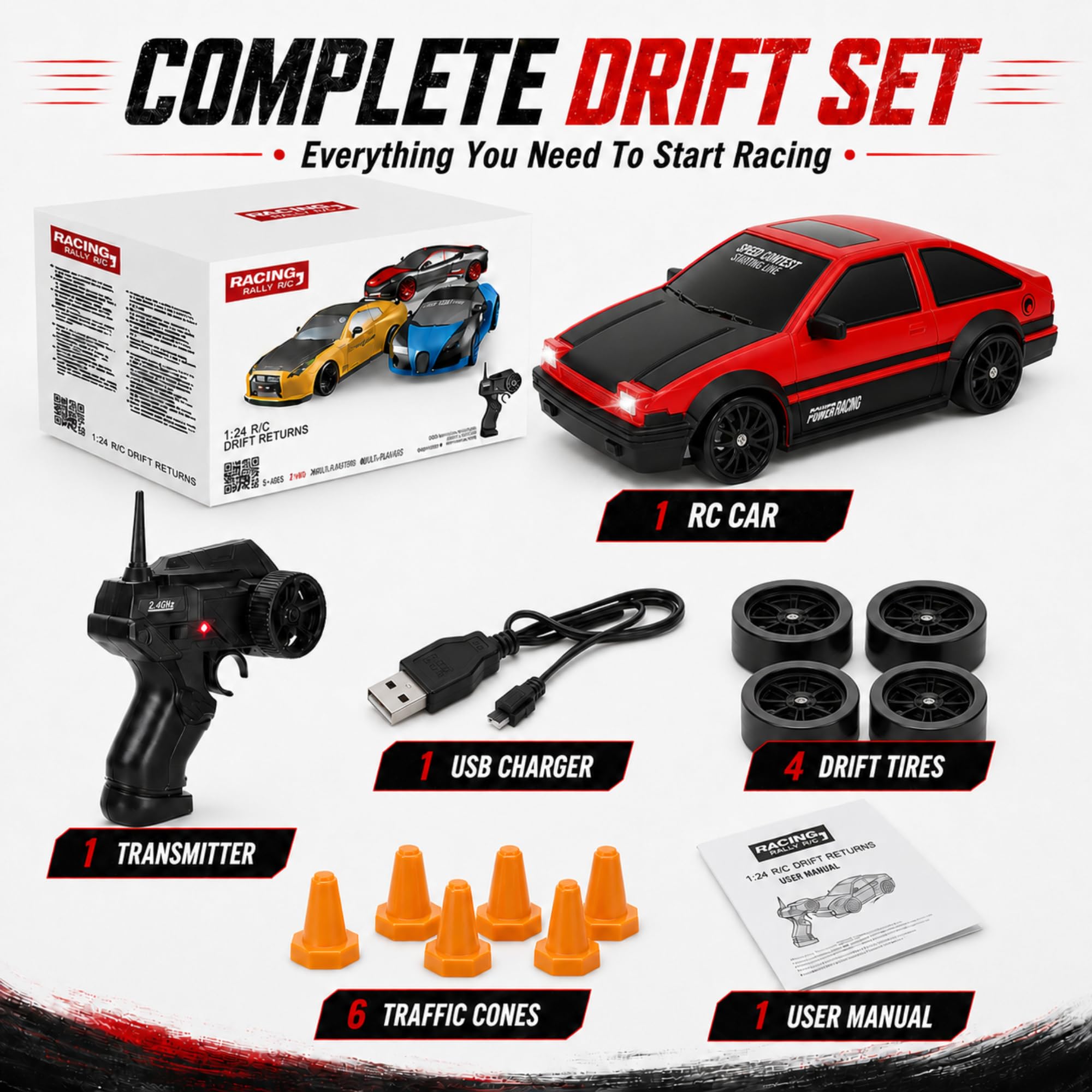 Liberty Imports 1/24 RC Drift Car - 4WD 2.4GHz with LED Lights and Drift Tires