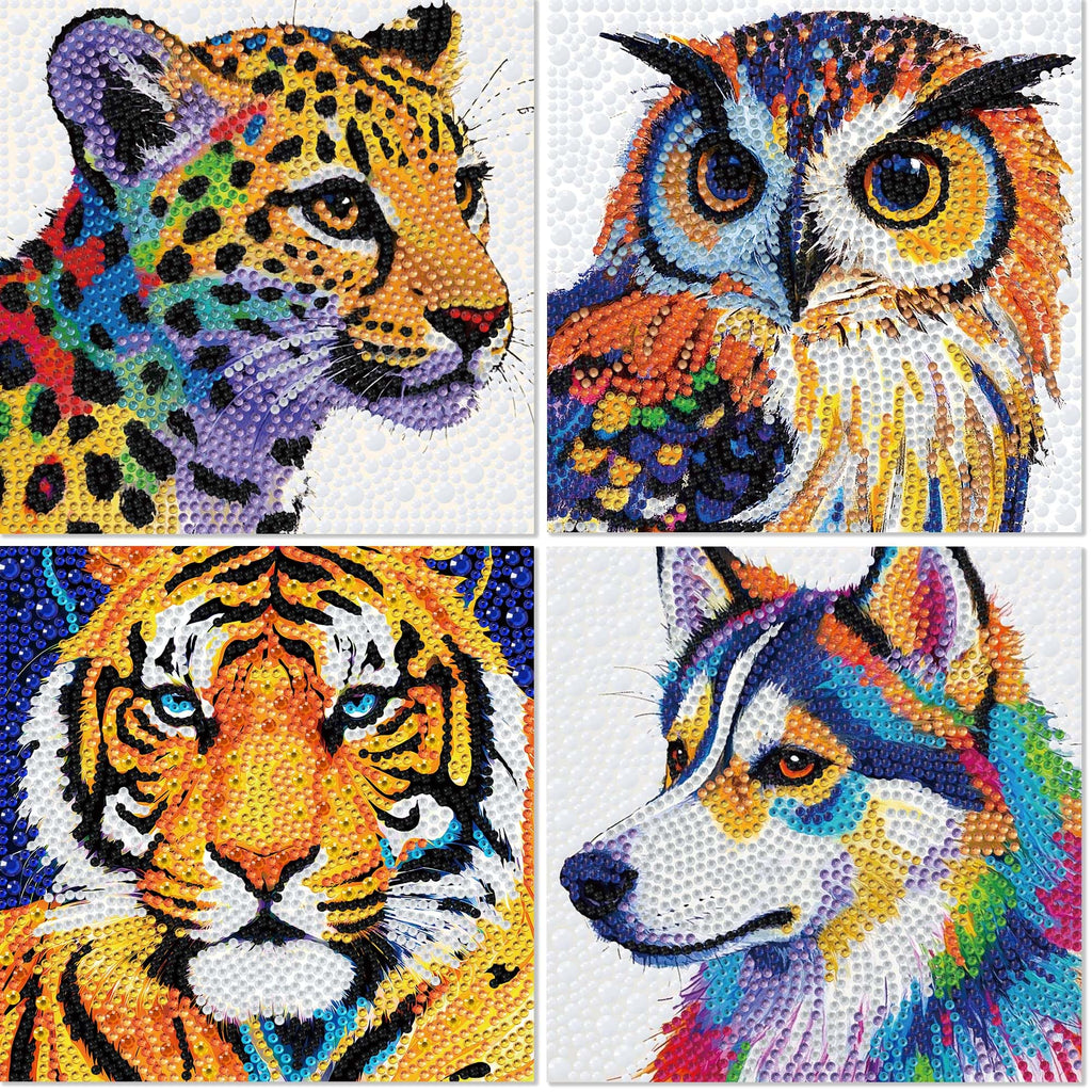 Libfx Diamond Art Kits for Kids 4-Pack – Tiger, Leopard, Owl, Dog Designs – Beginner-Friendly Craft for Ages 8-12