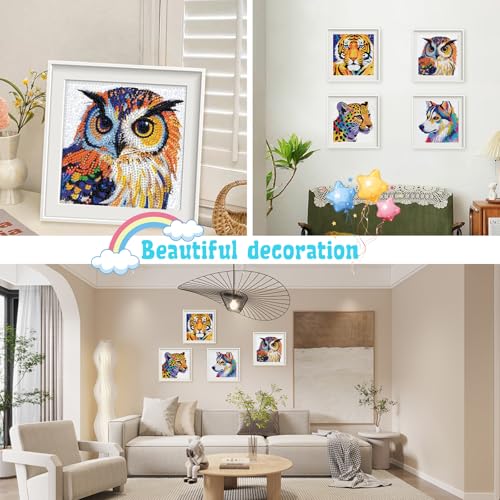 Libfx Diamond Art Kits for Kids 4-Pack – Tiger, Leopard, Owl, Dog Designs – Beginner-Friendly Craft for Ages 8-12